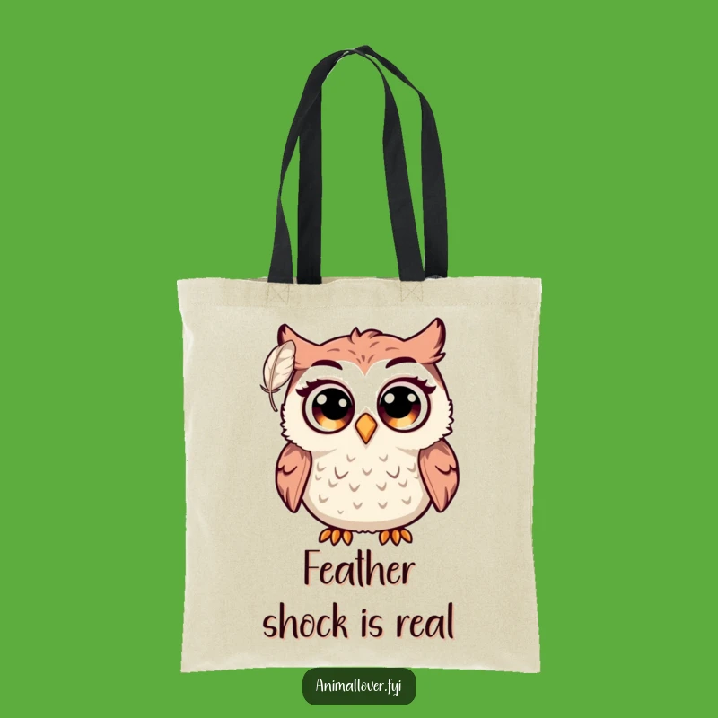 Funny Surprised Owl Tote Bag: Big Eyes Startled by Feather, Carry-all Gift