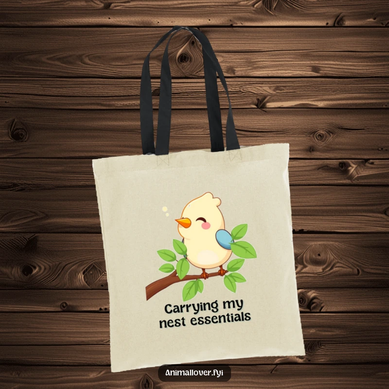 Funny Bird Tote Bag depicting a happy bird perched on a branch, singing its cheerful song with gusto.