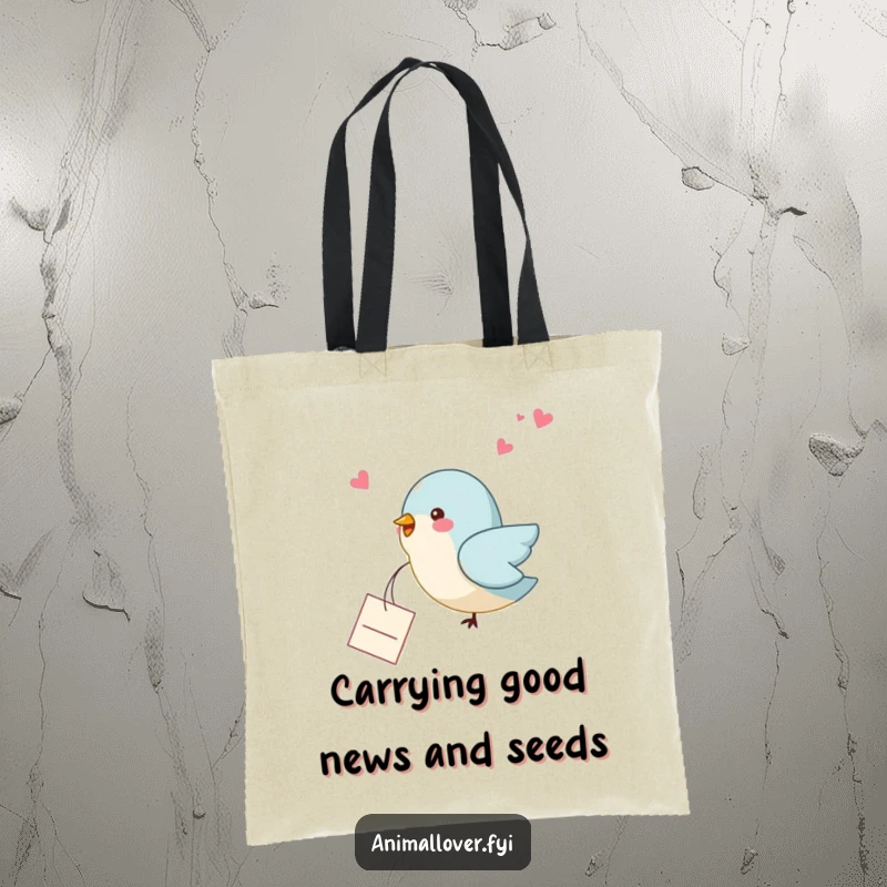Funny bird tote bag with a bird flying and dropping a small note, great for carrying essentials with a touch of humor.