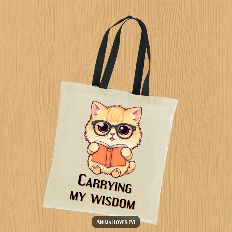 Funny Tote Bag illustration of a fluffy cat in glasses holding a book upside down, ready for a literary outing.