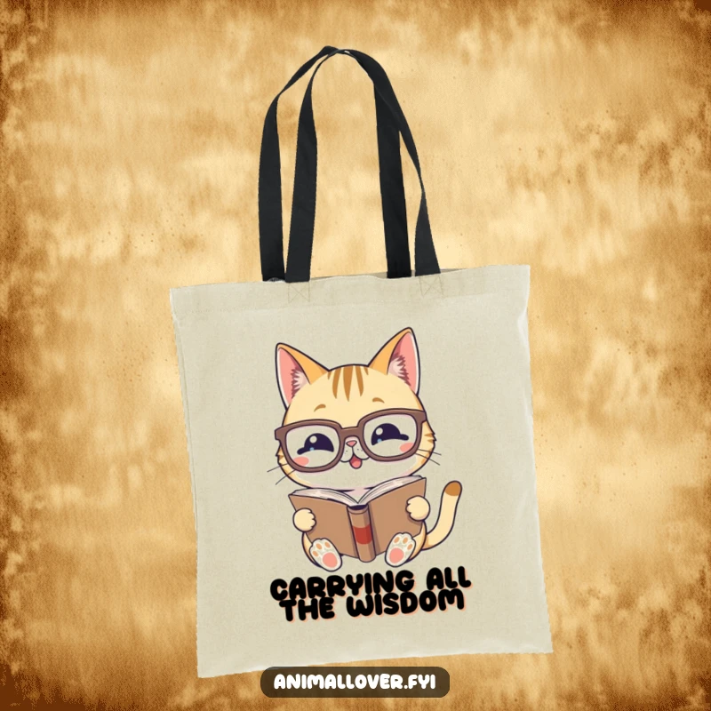 Funny tote bag with a gleeful cat wearing glasses, reading a book, ideal for carrying books and essentials.