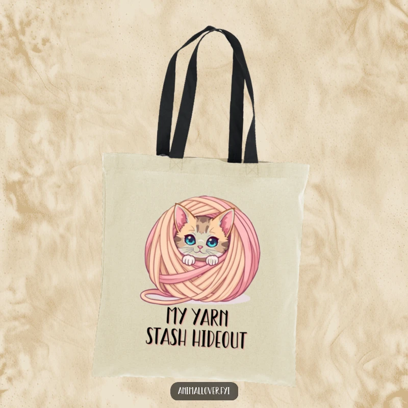 Funny curious cat tote bag peeking from behind an oversized ball of yarn, a spacious and charming accessory for cat lovers.