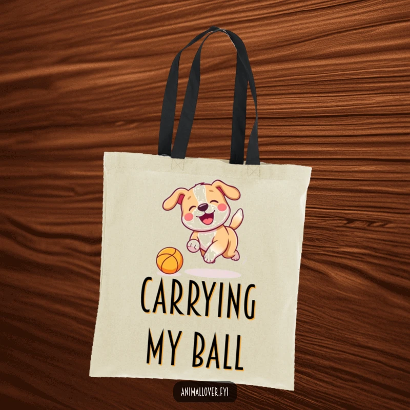 Funny Tote Bag illustration of a playful dog with a wagging tail enthusiastically chasing a bouncing ball, ready for fun.