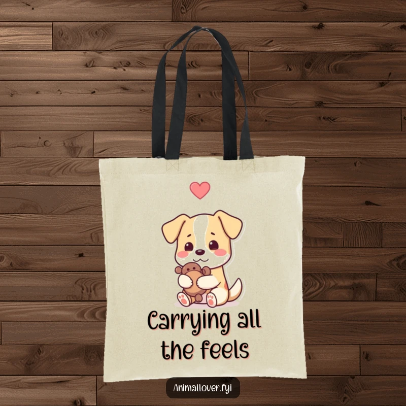 Funny dog tote bag featuring a dog hugging a toy, with a heart symbol, ideal for carrying groceries or daily items humorously.