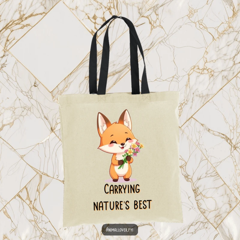 Funny tote bag featuring a proud fox with a bouquet of flowers, perfect for carrying essentials with style. A charming accessory.