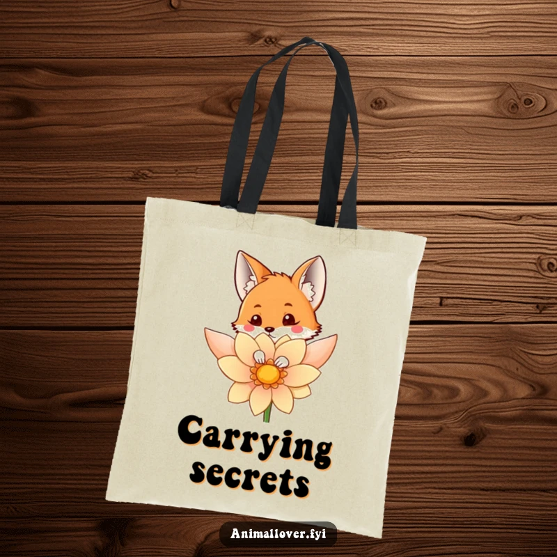 Funny tote bag designed with a curious fox peeking from behind a large flower, perfect for carrying items playfully.