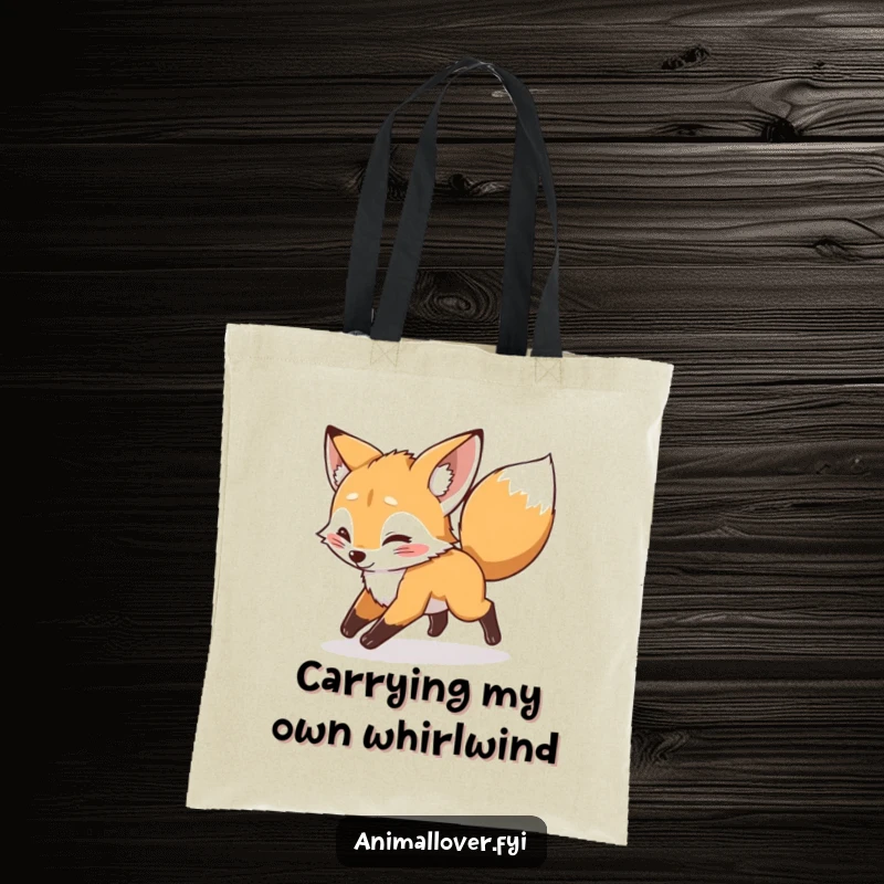 Funny mischievous fox cub chasing its tail on a tote bag, great for errands with a playful and humorous design.