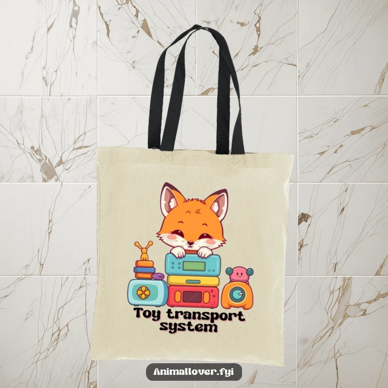 Funny tote bag featuring a cute fox peeking from behind a colorful stack of toys, perfect for shopping and daily use.