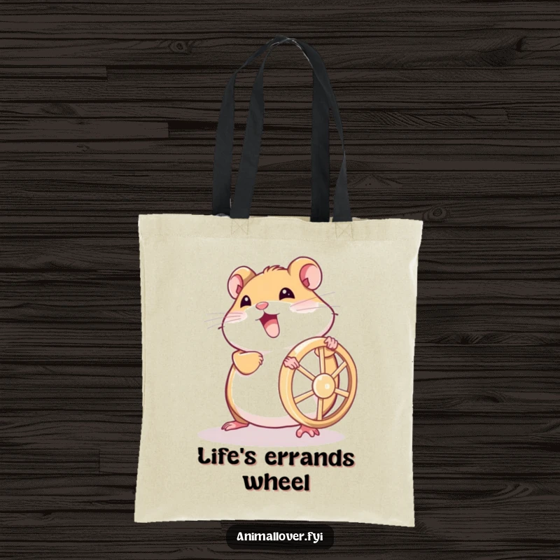Funny hamster tote bag depicting a determined rodent pushing its wheel, perfect for carrying gym essentials with a humorous touch.