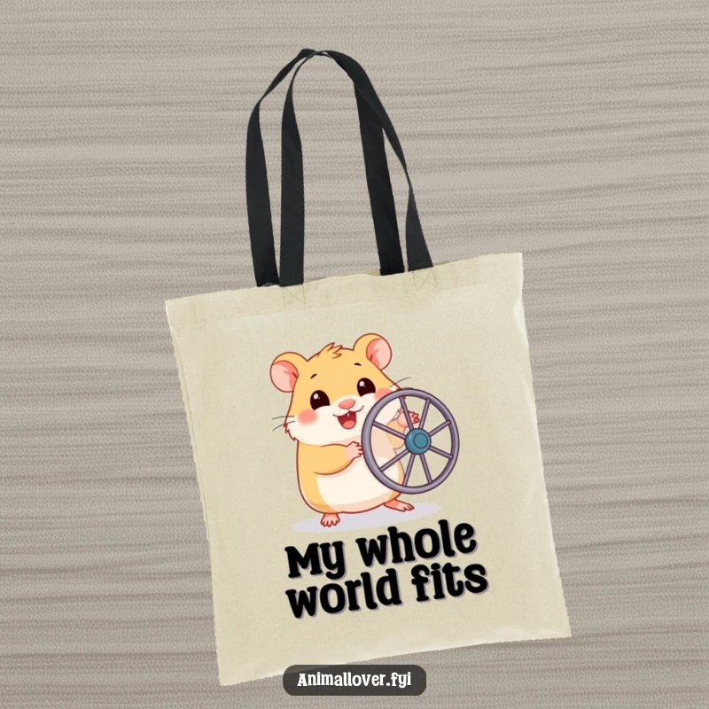 Funny tote bag displaying a smiling hamster gripping a miniature exercise wheel, prepared for an enthusiastic, tiny workout.