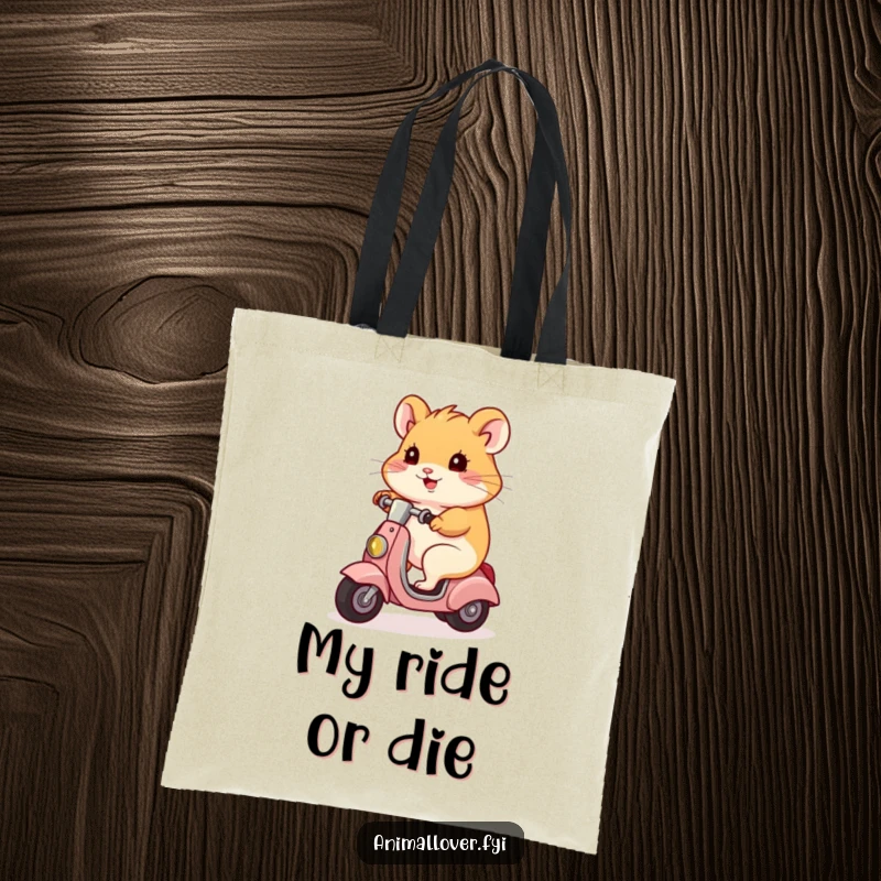 Funny hamster character zipping along on a scooter, carrying groceries in its tote, a perfect funny gift accessory.