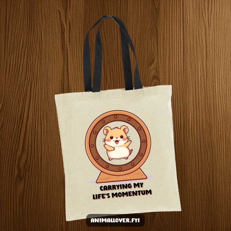 Funny Hamster Tote Bag showing a cheerful hamster energetically racing inside its wheel, a symbol of fun.