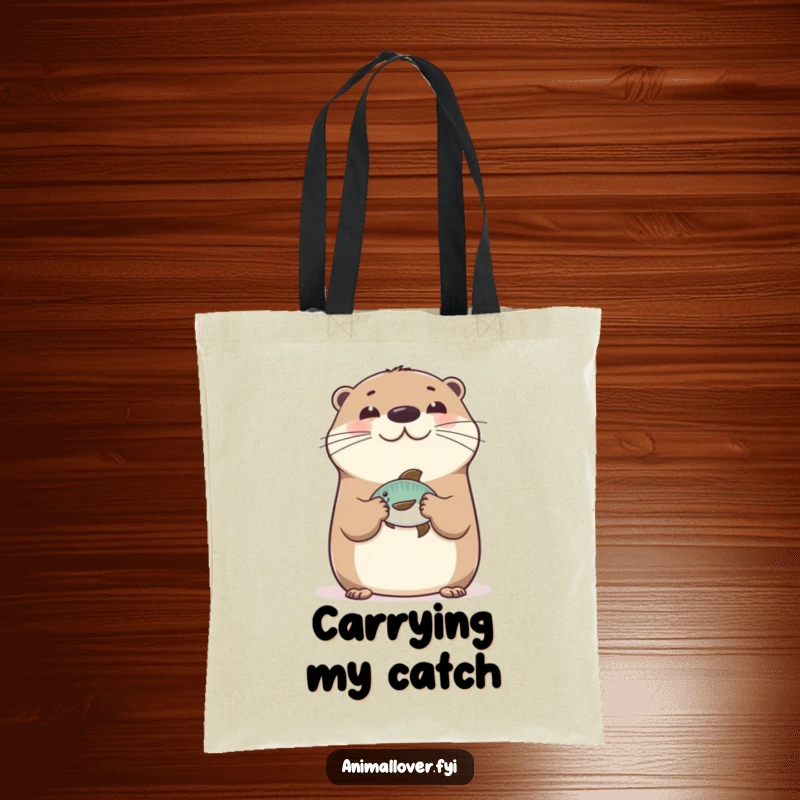 Funny Happy Otter Tote Bag featuring a cheerful otter balancing a fish on its nose, perfect for carrying items with aquatic humor.