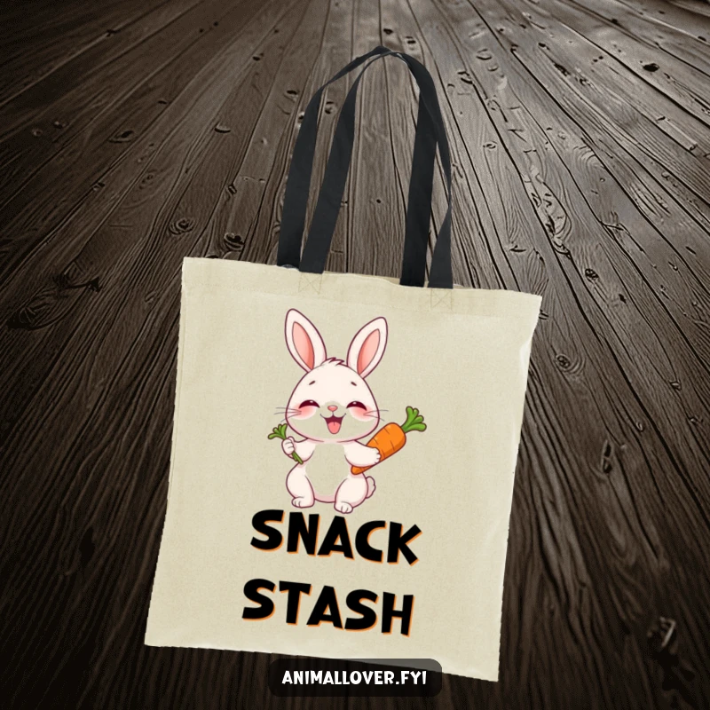 Funny tote bag with a joyful rabbit giggling heartily while holding a carrot, perfect for everyday use.