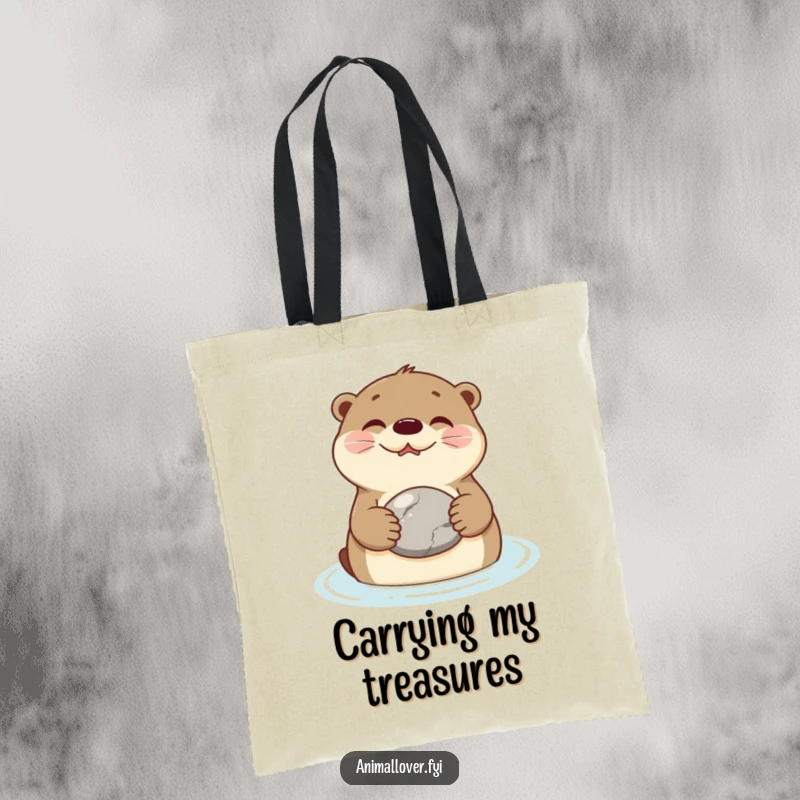 Funny Tote Bag showcasing a smiling otter floating on its back, holding a stone, ready for a leisurely day.