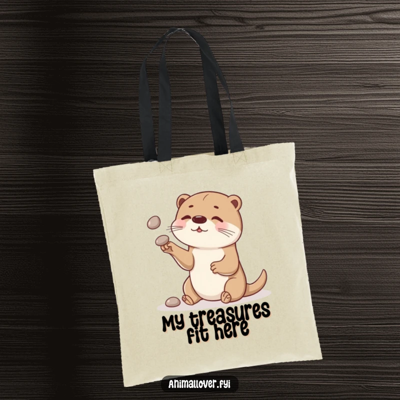 Funny otter tote bag with a curious otter juggling smooth stones, ideal for carrying essentials with a playful vibe.