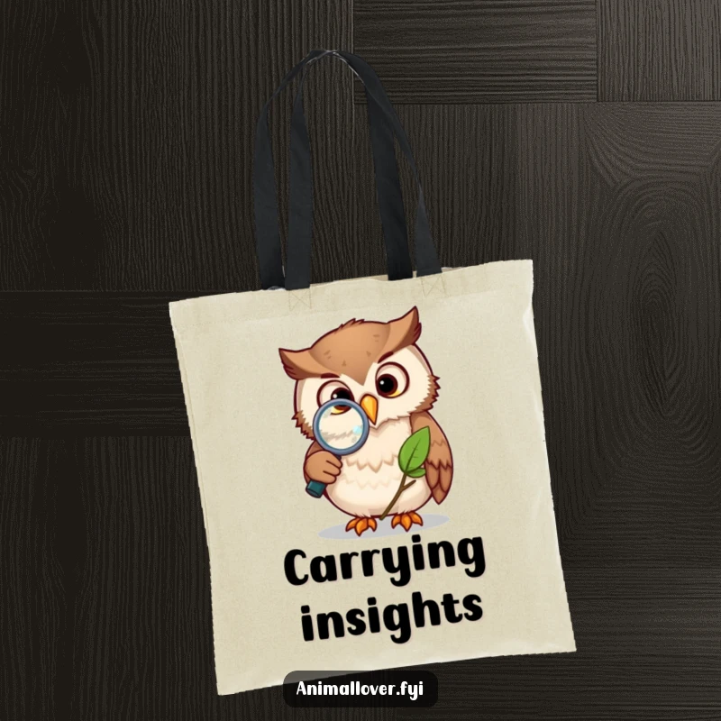 Funny owl tote bag featuring a curious owl examining a leaf with a magnifying glass, ideal for carrying essentials with a scholarly vibe.