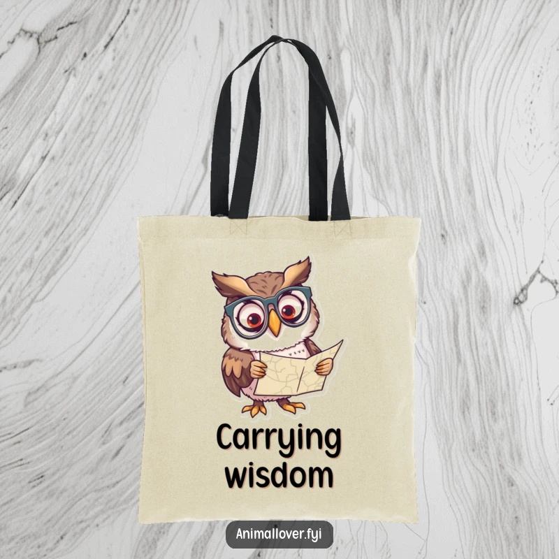 Funny tote bag with a curious owl wearing glasses, peering at a map, great for carrying books.