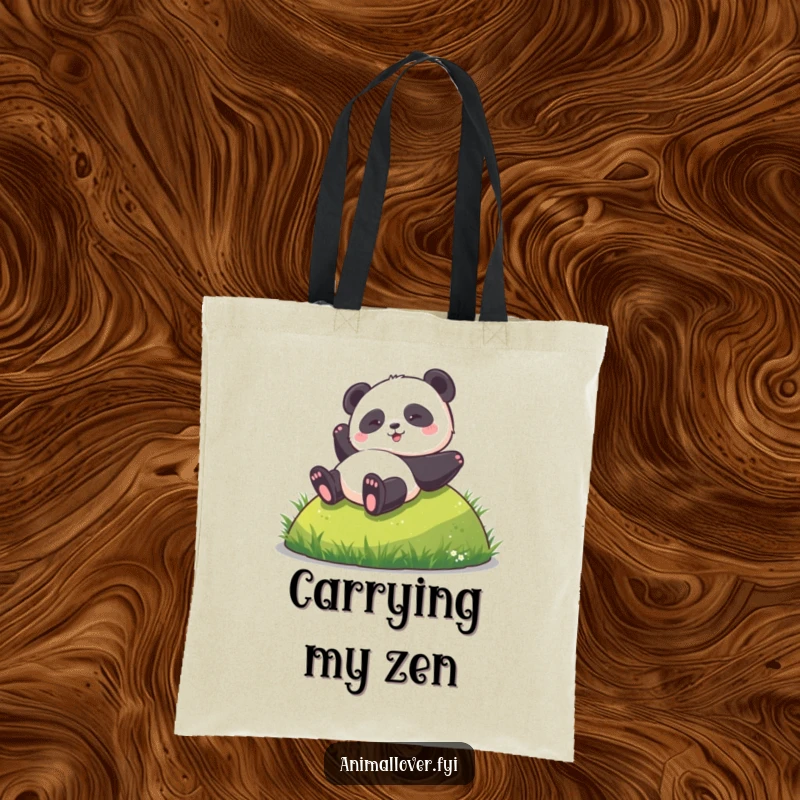 Funny tote bag featuring a panda mid-roll down a hill, perfect for shopping or carrying essentials with a humorous touch.