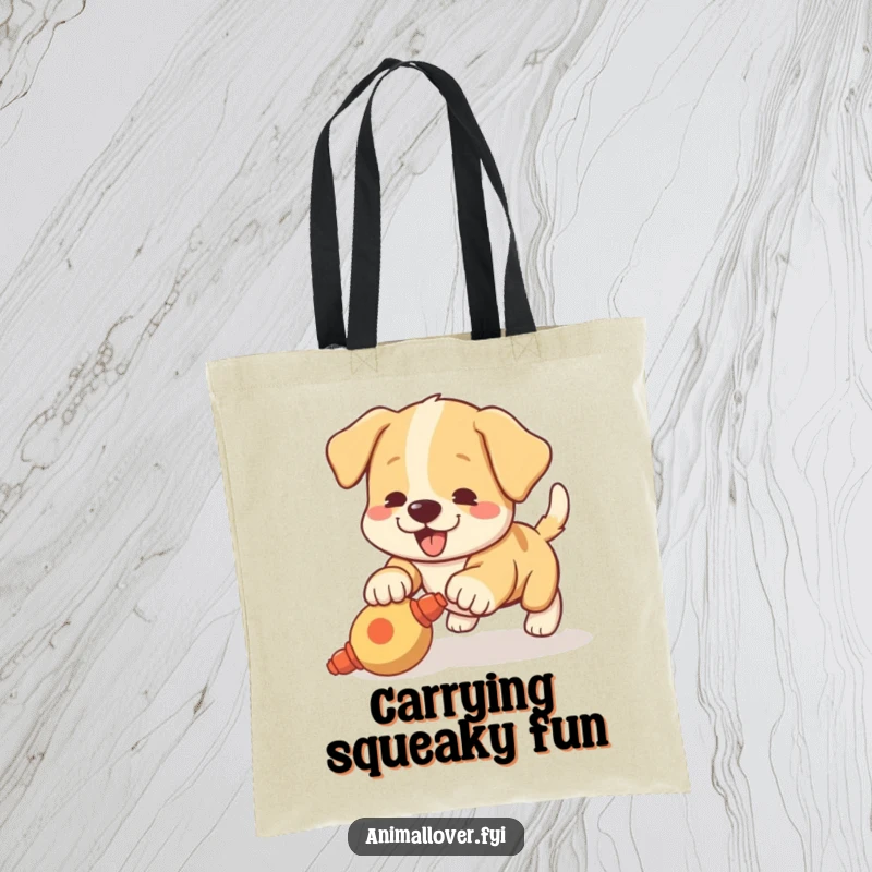 Funny tote bag with a playful puppy wagging its tail and pouncing on a squeaky toy, great for shopping.