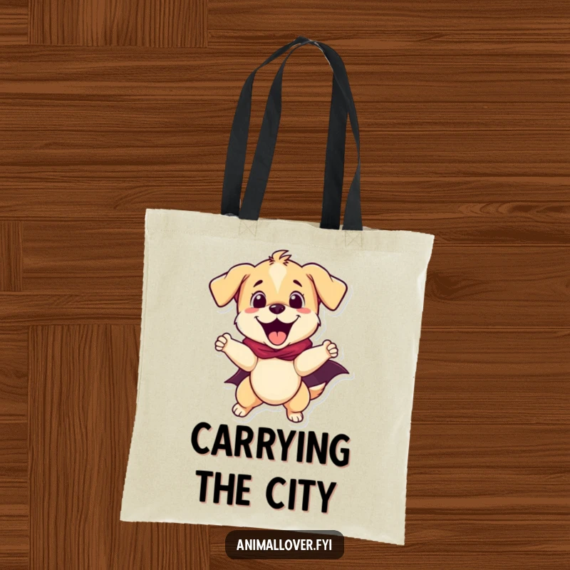Funny puppy as a superhero, holding a tote bag, ready to save the world, a funny accessory.