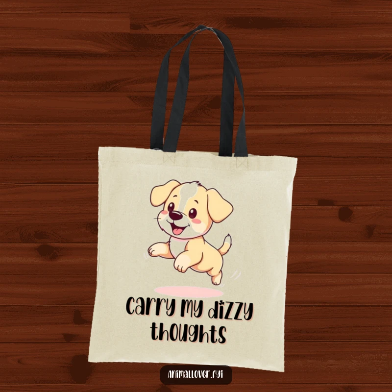 Funny puppy tote bag showcasing a cute dog enthusiastically chasing its tail in a dizzying, humorous display.