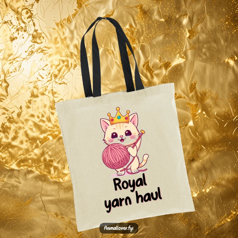 Funny tote bag with a crowned cat triumphantly holding a giant ball of yarn, exuding regal charm.