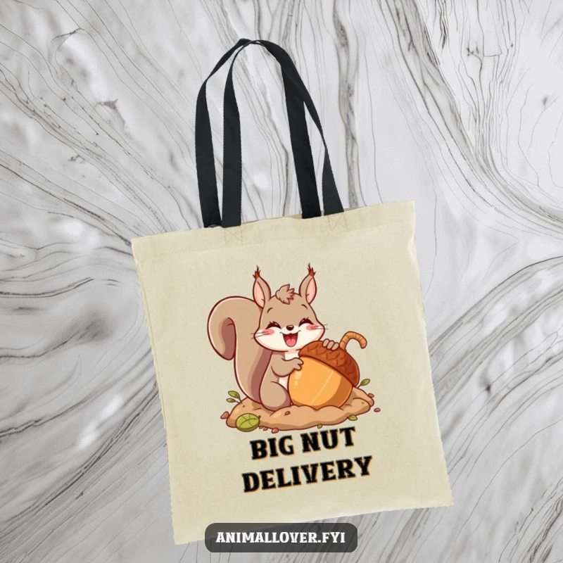 Funny tote bag with a joyful squirrel character enthusiastically burying a giant acorn, symbolizing resourcefulness and delightful hoarding.