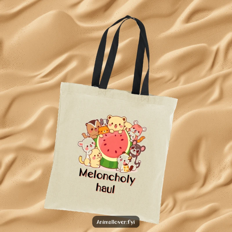 Funny tote bag illustrated with a playful assembly of animals enjoying a massive watermelon, ideal for stylish and humorous everyday use.