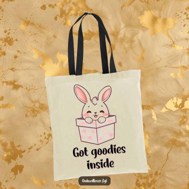 Funny rabbit peeking out of a gift box on a tote bag, a cute and funny accessory for carrying essentials.