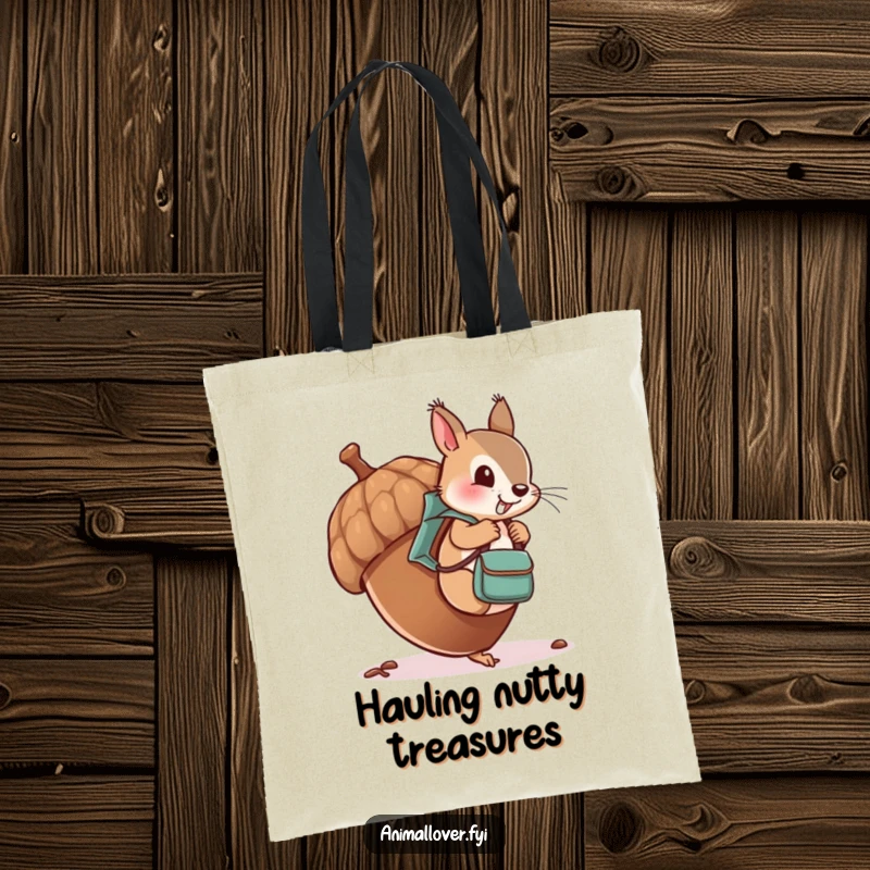 Funny tote bag with a cheeky squirrel having a tiny backpack, climbing a giant acorn with gusto.
