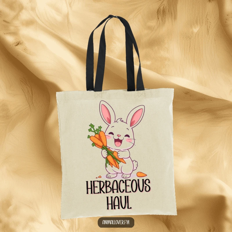 Funny tote bag with an excited rabbit character gleefully holding a large bunch of carrots as if they were the greatest treasure ever found.