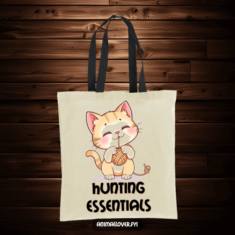 Funny tote bag with a curious cat batting energetically at a dangling ball of yarn, ready for errands.