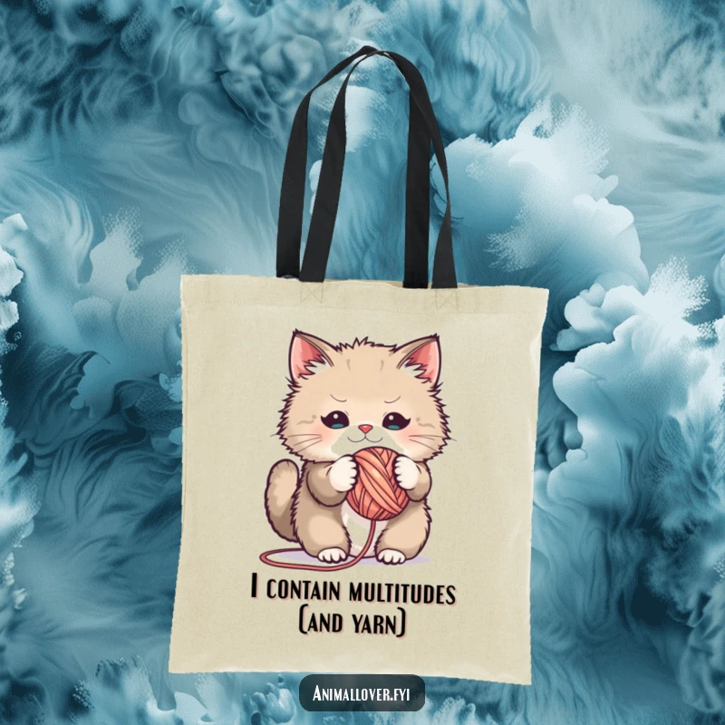 Funny tote bag depicting a fluffy cat having a joyful, playful time with a massive ball of yarn, a humorous accessory.