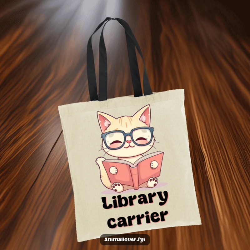 Funny Tote Bag: A smiling cat wearing large glasses reads a big book, perfect for carrying books and spreading literary humor.