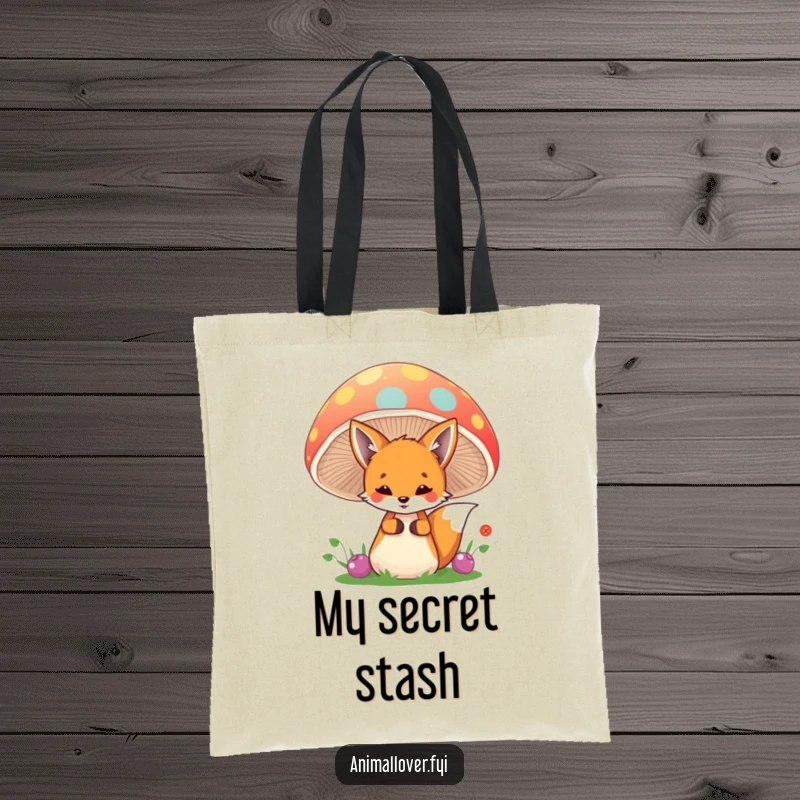 Funny fox tote bag with a playful fox peeking from behind a large, colorful mushroom, showcasing a charming woodland scene.