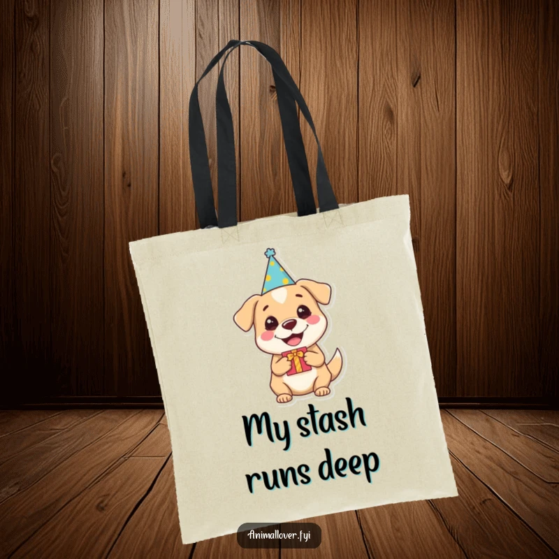 Funny dog tote bag with a happy dog in a party hat holding a gift, ideal for shopping and cheerful daily use.