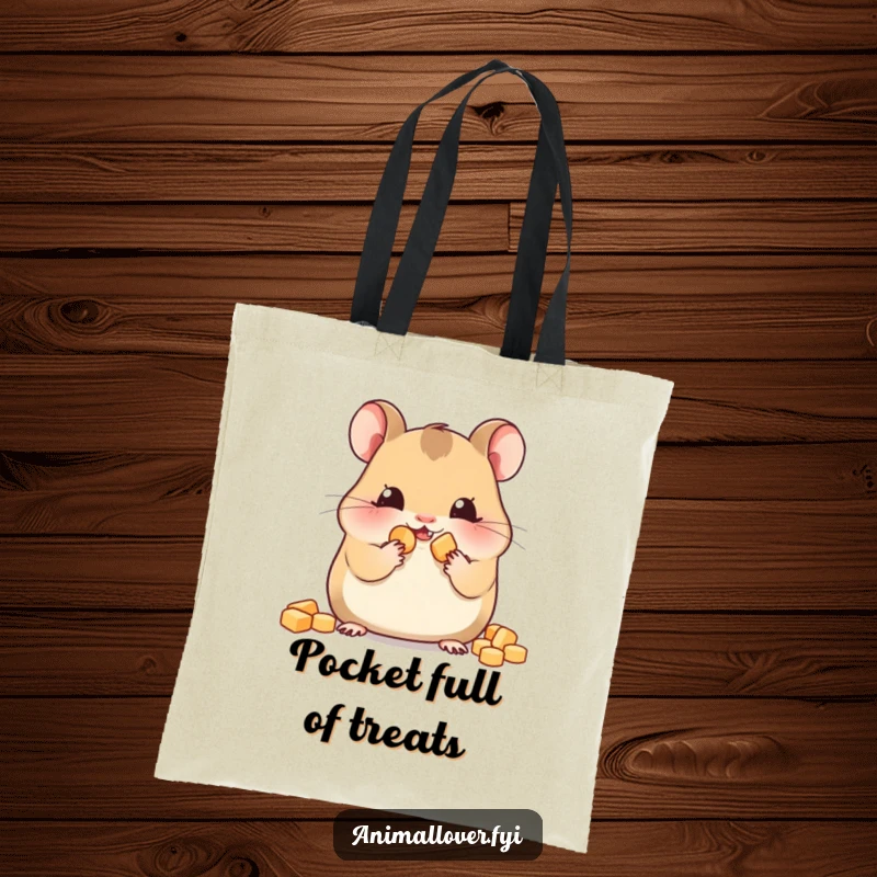 Funny hamster tote bag featuring a happy hamster with stuffed cheeks, ready to carry snacks or essentials with adorable humor.