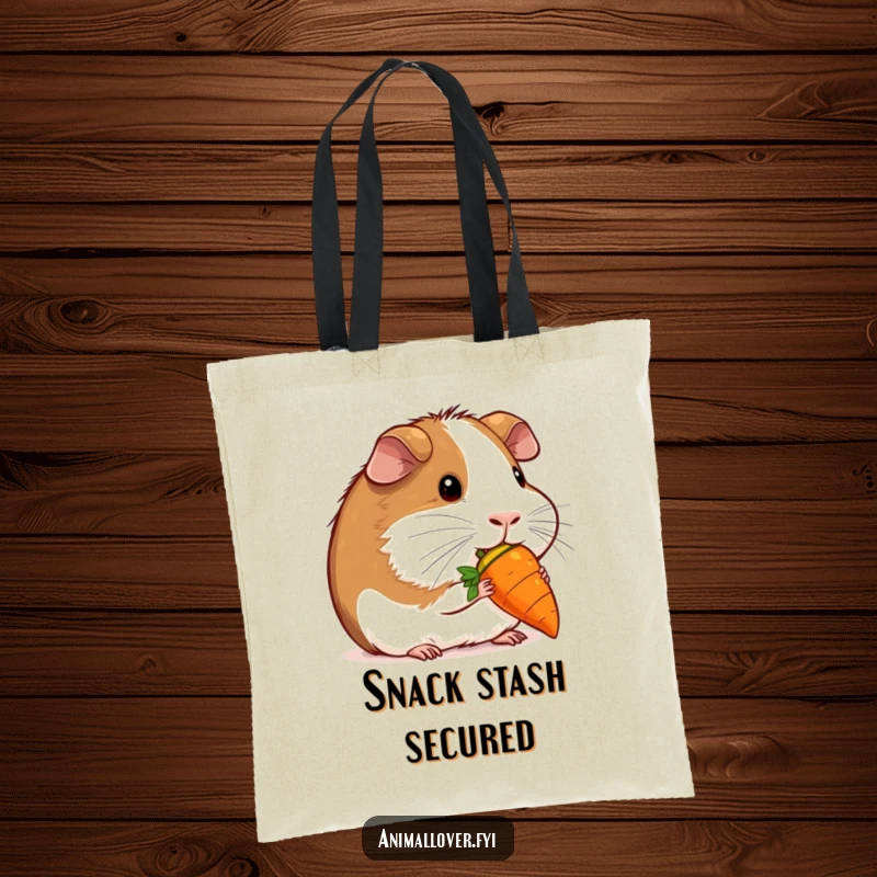 Funny contented guinea pig nibbling a miniature carrot on a tote bag, great for shopping with a cute and humorous design.