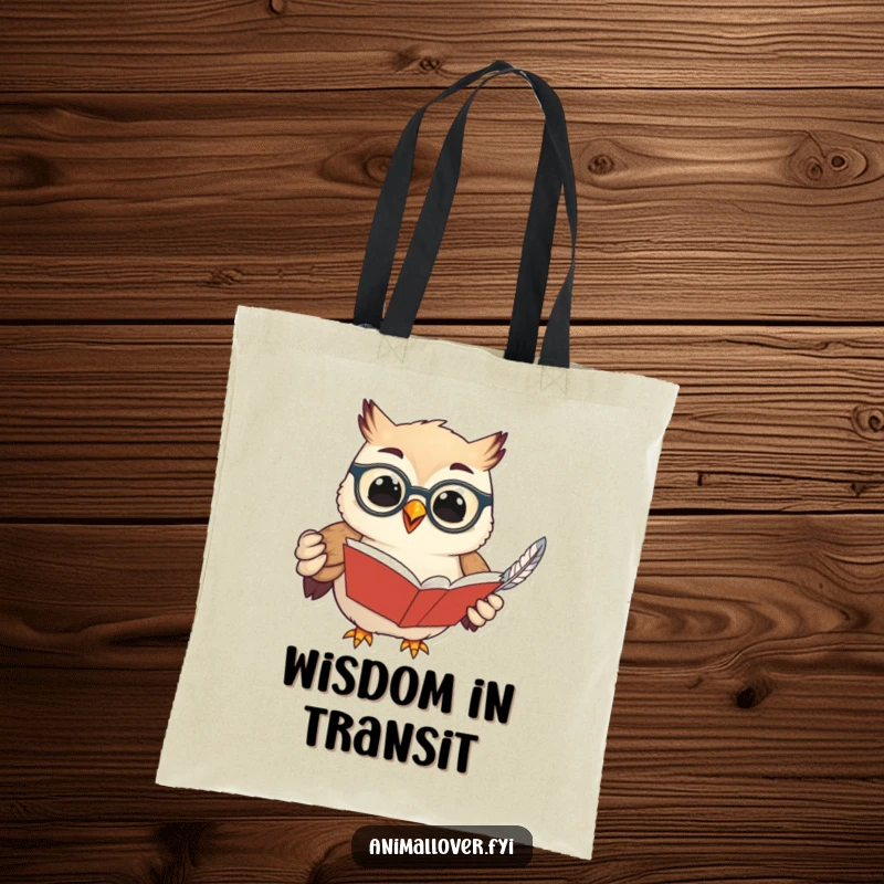 Funny tote bag featuring a wise owl in spectacles, holding a book and feather, designed for book lovers and those who appreciate clever humor.